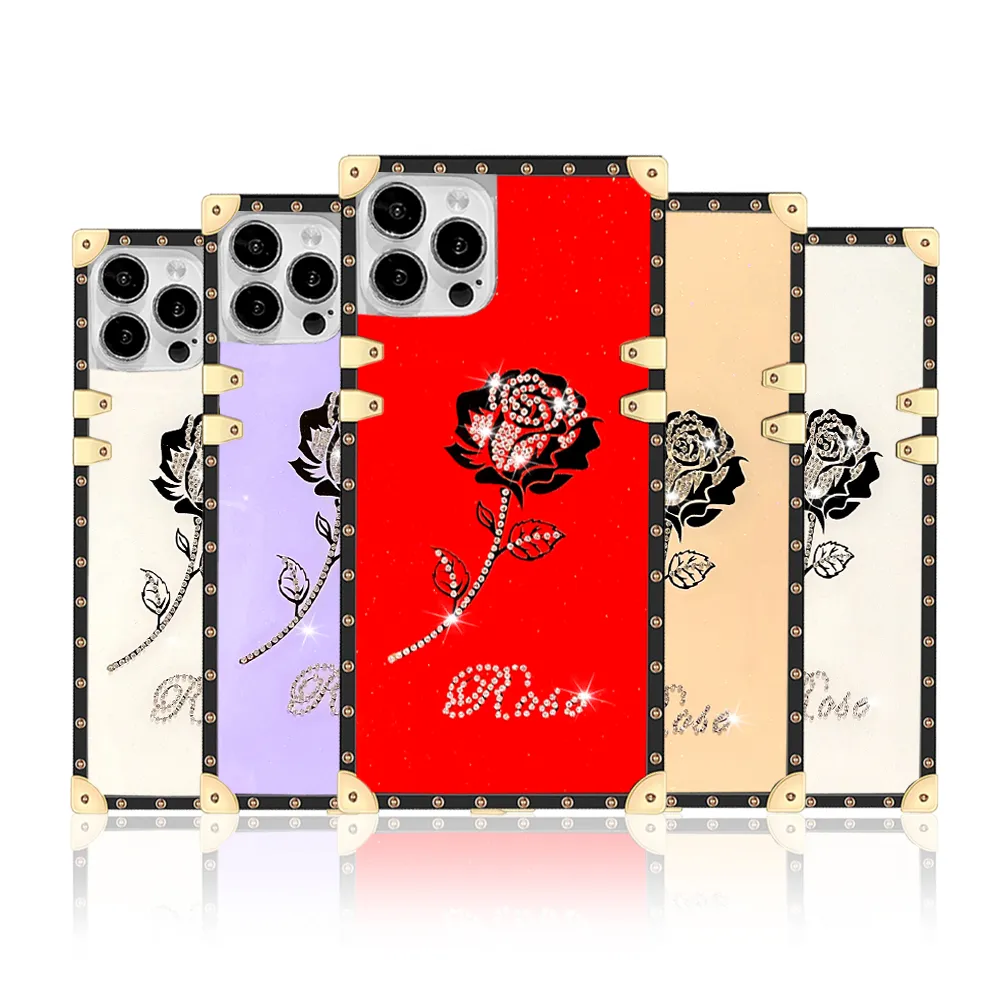 Vierkante doos Diamant Rose Flower Cases Soft TPU Trunk Metal Decoration Corner voor iPhone 14 13 12 11 Pro XR XS Max X 8 Plus Samsung S23 S22 Ultra A13 A23 A53 A03S A03 Core