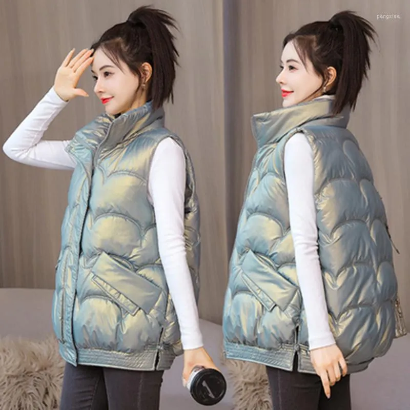 Gilets pour femmes brillant hiver gilet ample grande taille femmes fermeture éclair col montant poches dames casual sans manches veste gilet pour femme 2023