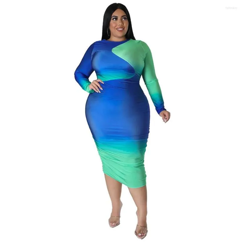 Plus Size Dresses Women's Clothes Bodycon Strech Full Sleeve Round Neck Positioning Print Panel Gradual Change Maxi Dress