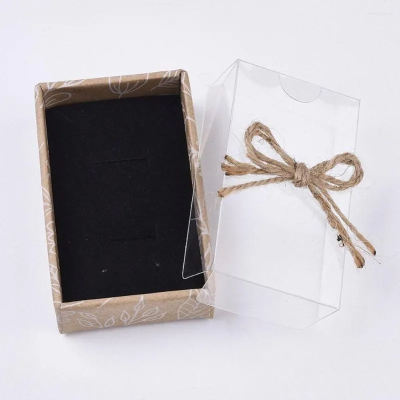 Jewelry Pouches Rectangle Cardboard Boxes For Ring Necklace Earring With Transparent Lid Rope Bowknot And Black Sponge Inside