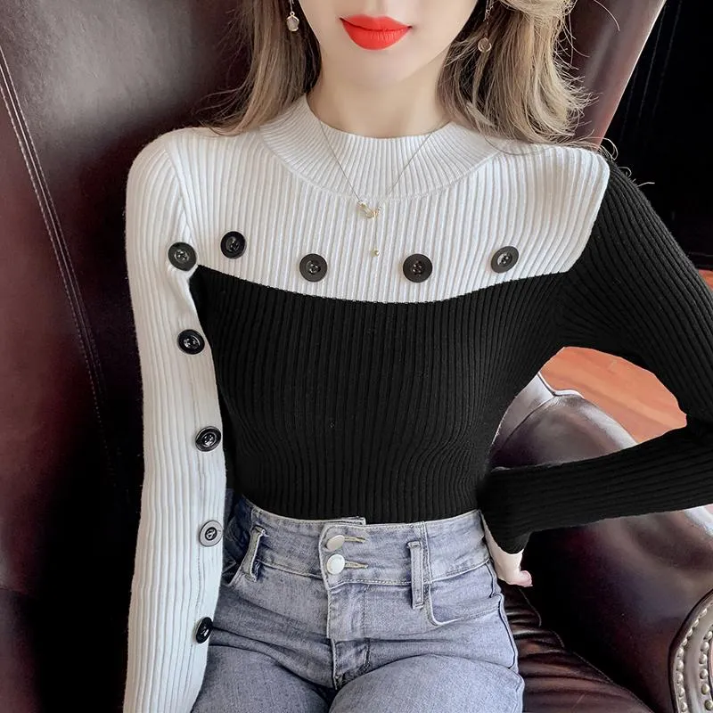 여자 스웨터 블랙 스티치 버튼 한국 스타일 패션 풀 오버 숙녀 가을 겨울 2023 의류 스웨터 탑 블라우스 여성