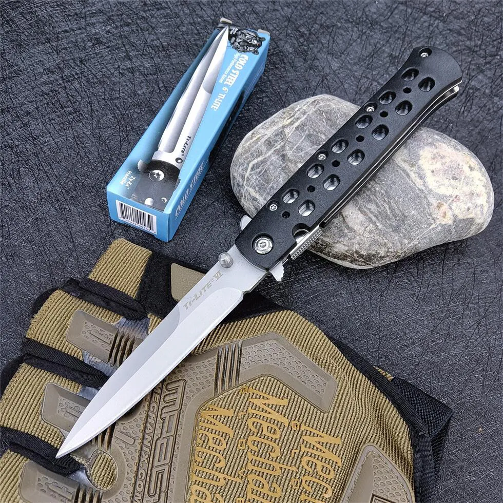 Cold Steel 26SXP Ti-Li 6 Folding Knife Stiletto Sword Satin Plain Blade Black Nylon Fiber Handle Outdoors Camping Hunt Tactical Knives Plus 26s Tools