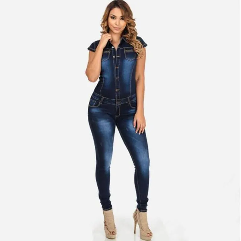 Kvinnors jumpsuits rompers 2023 cowboy smal tunn kort ärm en stycke byxor kvinnor jeans mode casual denim jumpsuit