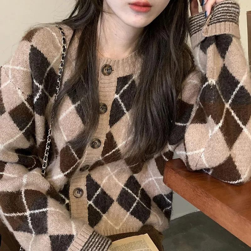 Kobiet Kobiet Sweter Sweter Retro Retro Retro Knitting Lose Korean Style Argyle Single Beded Woman's Ubranie RZYS622
