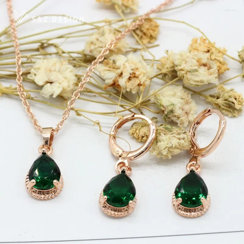 Necklace Earrings Set Trendy Women's Green Water Drop 585 Rose Gold Color Cubic Zircon Women