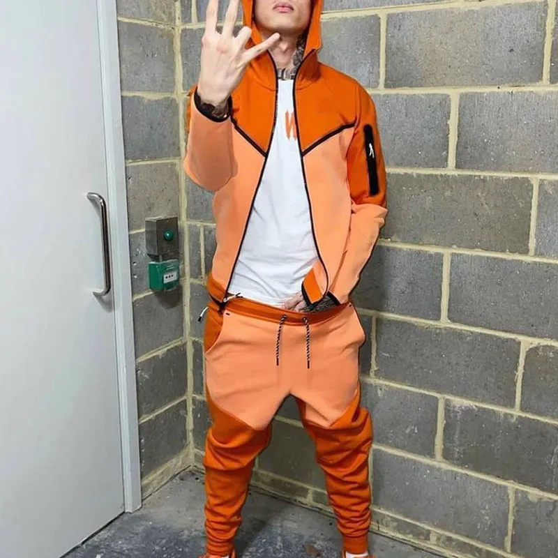 Grey Tech Fleece Hoodie Tracksuit Set For Spring Autumn Sportswear