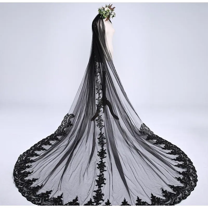 Voiles de mariée 3m de long voile de mariage noir avec peigne doux tulle accessoires appliqués floraux