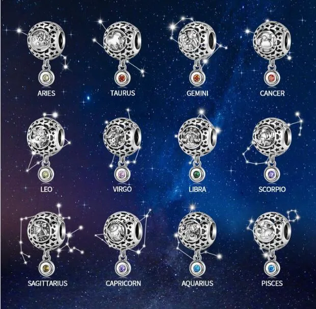 925 perles en argent Sterling bricolage pendentif à breloques accessoires convient pour pandora Bracelets collier nouveau 12 Constellation perle 1 pièces/lot