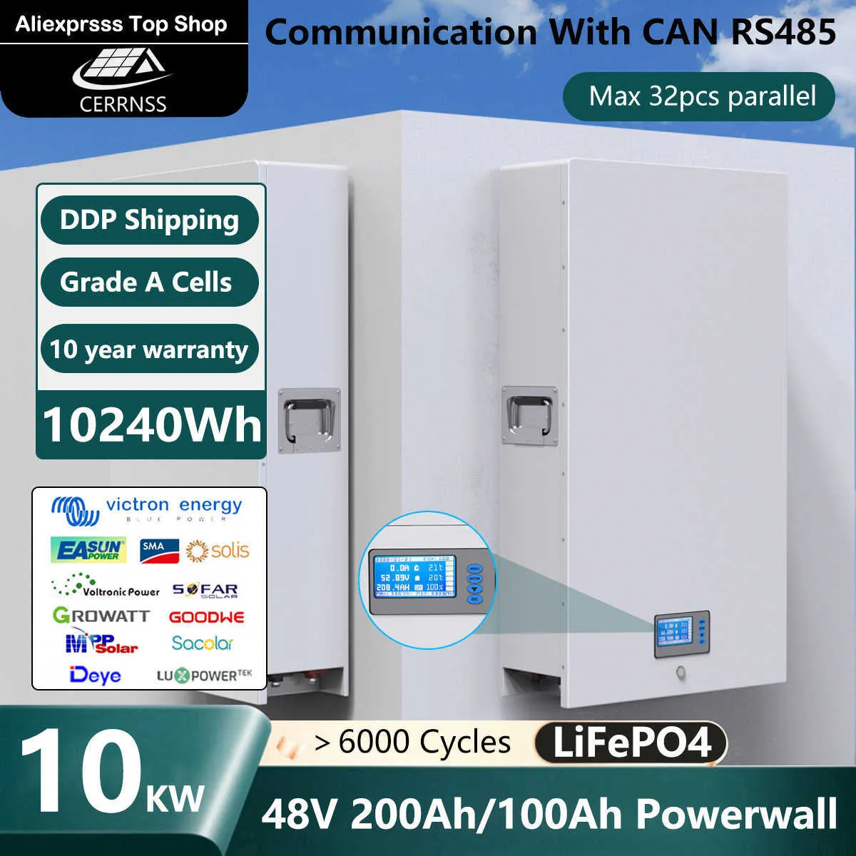 48V 200AH PowerWall 10 кВт LifePO4 Аккумулятор встроенный батареи с батареей CAN 485 6000 циклов для Solar OFF/ON GRID-10-летняя гарантия