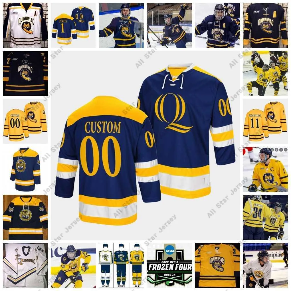 College Hockey Wears 2022 NCAA Frozen Four Custom Qu Quinnipiac Bobcats Hockey Jersey 12 Bryce van Brabant 9 TY Smilanic 11 Wyatt Bongiovanni 3 Peter