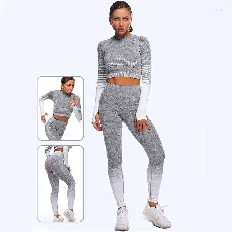 Aktive Sets Plus Größe Yoga Anzüge Gym Set Frauen Nahtlose Sport Enge Hosen Langarm Top 2 Stück Workout Kleidung für