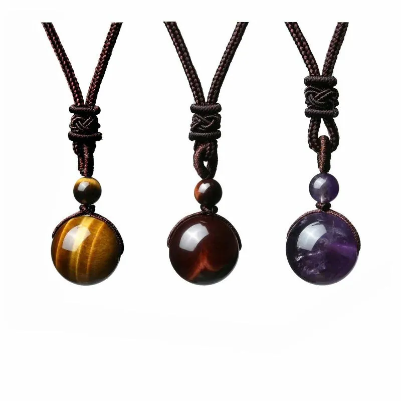 Pendant Necklaces HIYONG Fashion 16MM Tiger Eyes Beads Necklace Long Braided Rope Adjustable Natural Stone Bracelet Jewelry