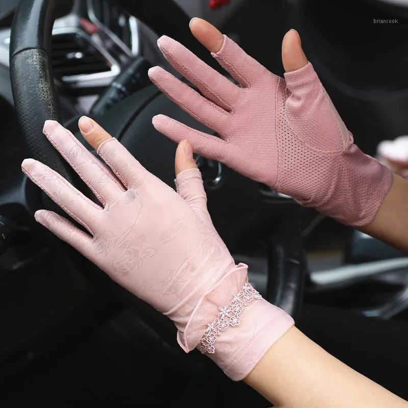 Cinq doigts gants conduite crème solaire femme cyclisme été demi-doigt mince fuite de soie extérieur respirant mitaines H30831