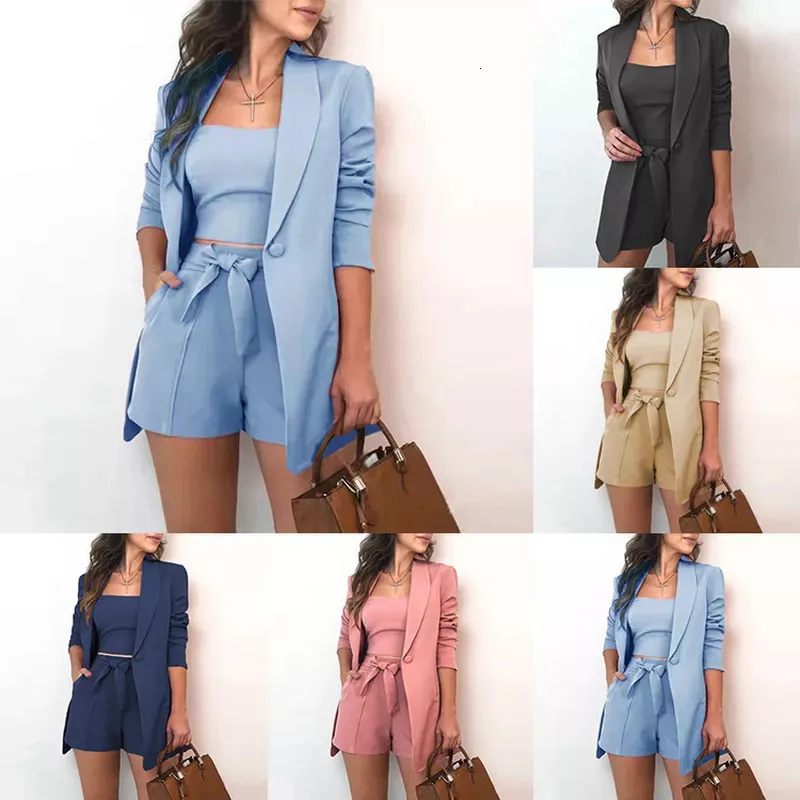 Women s Two Piece Pants IN 3 Pieces Suits Sets with Sashe Long Sleeve Top Biker Shorts Vest Spring Solid Elegant Office Lady Outfits Stre 230106