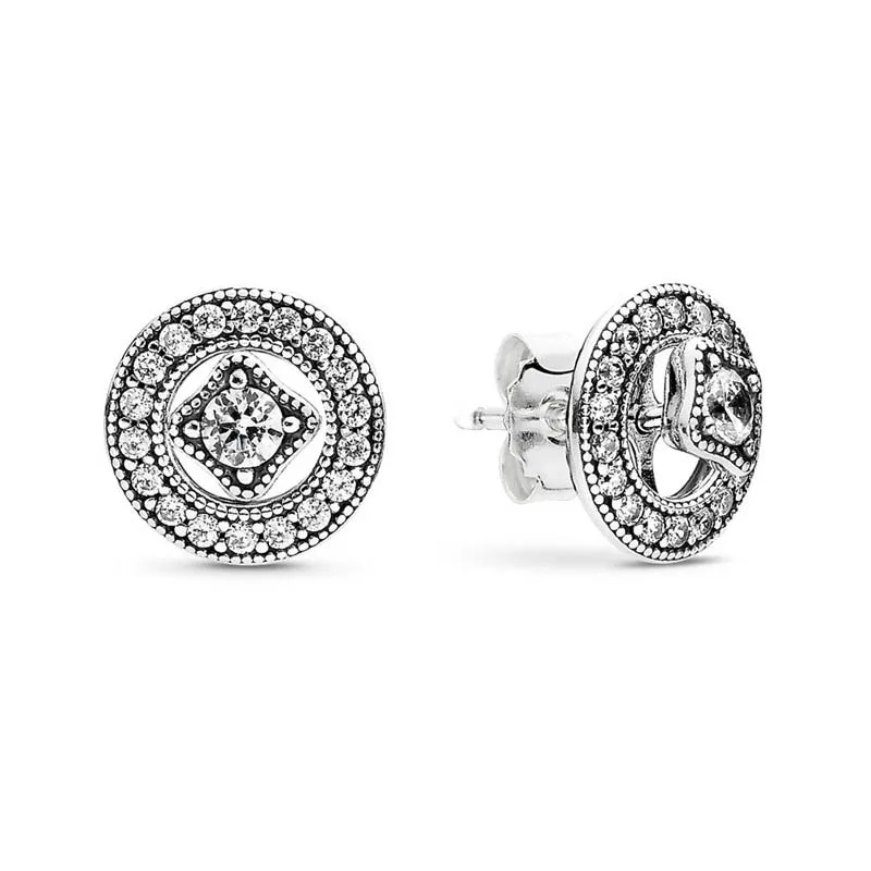 925 Sterling Silver Vintage Circle Stud Earrings for Pandora CZ Diamond Wedding Jewelry For Women Girls Rose Gold Girlfriend Gift Earring with Original Box Set