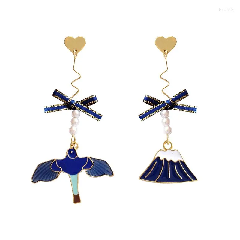 Boucles d'oreilles arrière Fil Perle Animal Bird Magpie Clip sans piercing long pourrait Blue Mountain Fuji San Clips sans percé