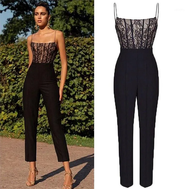 Macacões femininos Rompers Summer Moda Mulheres Black Lace Sleeseless Tops Tops Mumpsuit Ladies Casual Evening Party Long Playsuit