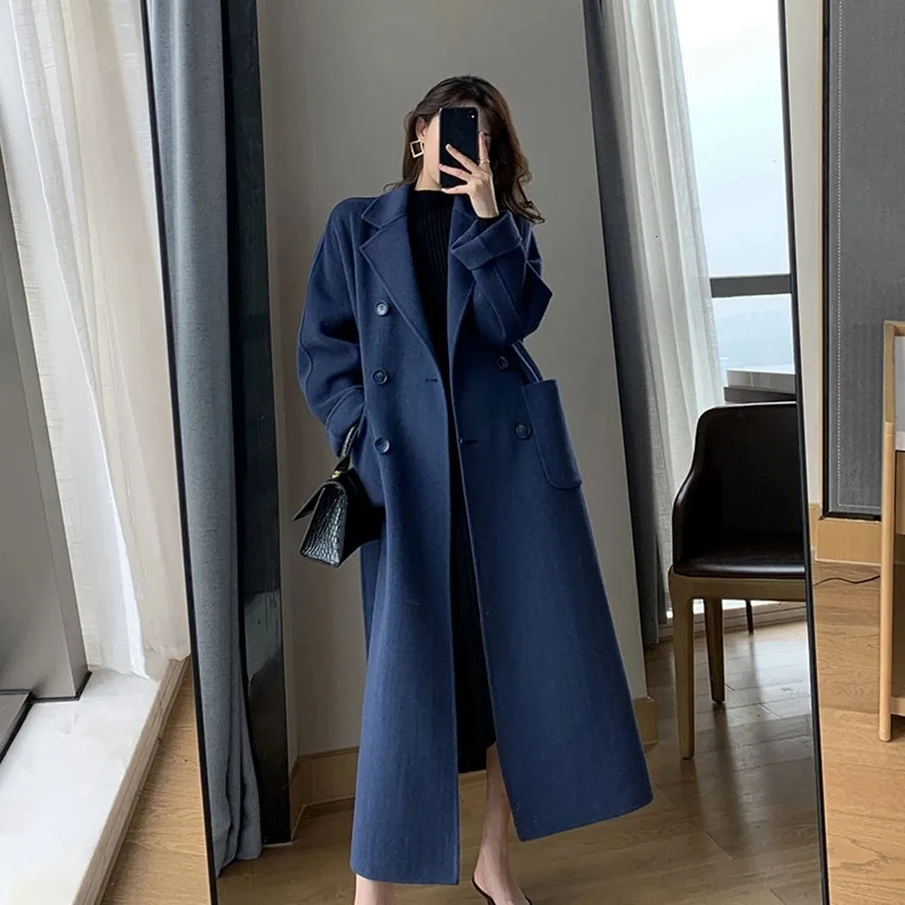 Melange De Laine Chaude Pour Femmes Melange Double Poitrine Avec Ceinture Elegant X Long Winterwear Noir Bleu Marine Du 37 51 DHgate