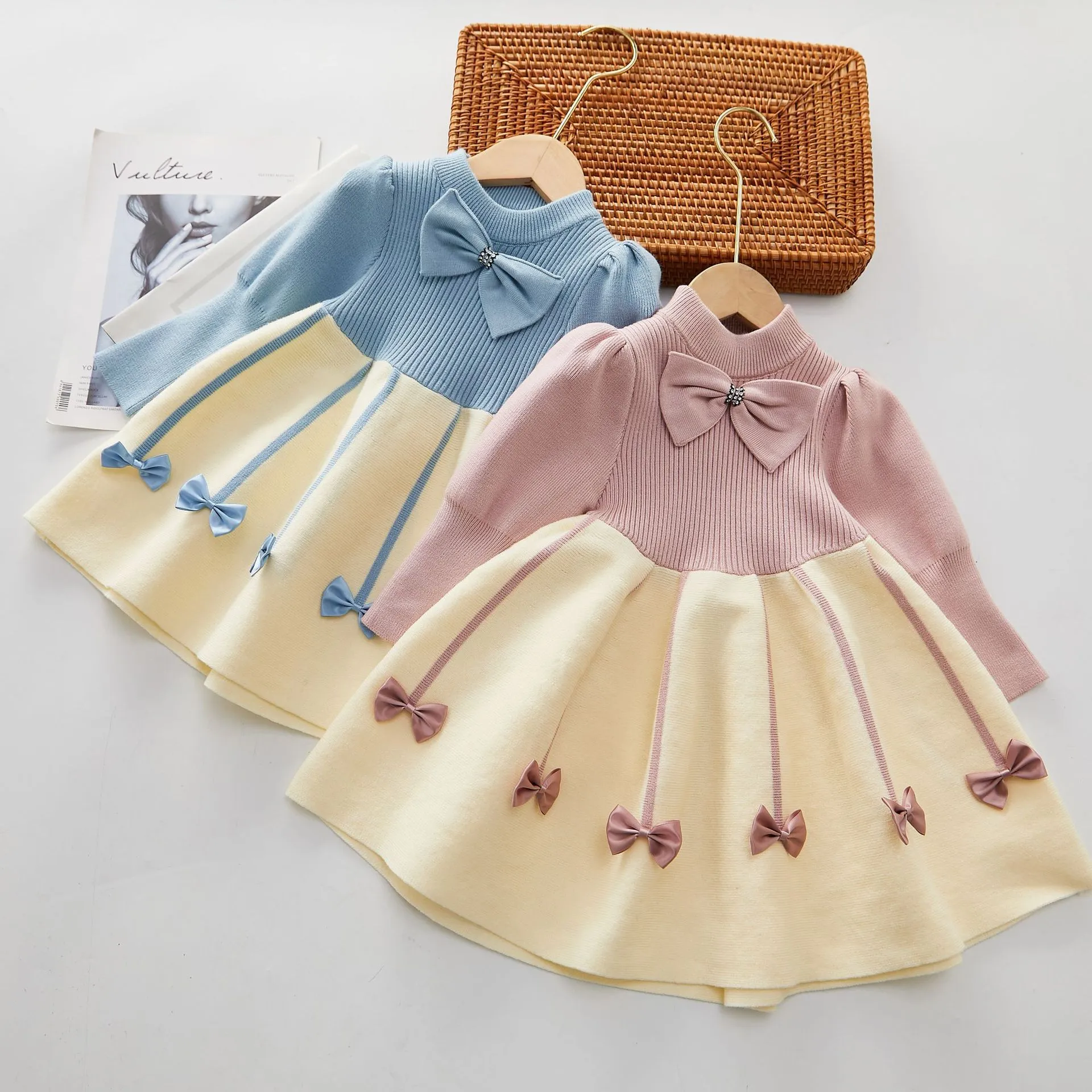 Spring Autumn New Girls' Sweater Dress Children'S Clothing Knitted Dress Bubble Sleeve Bowknot Sweet Dresses