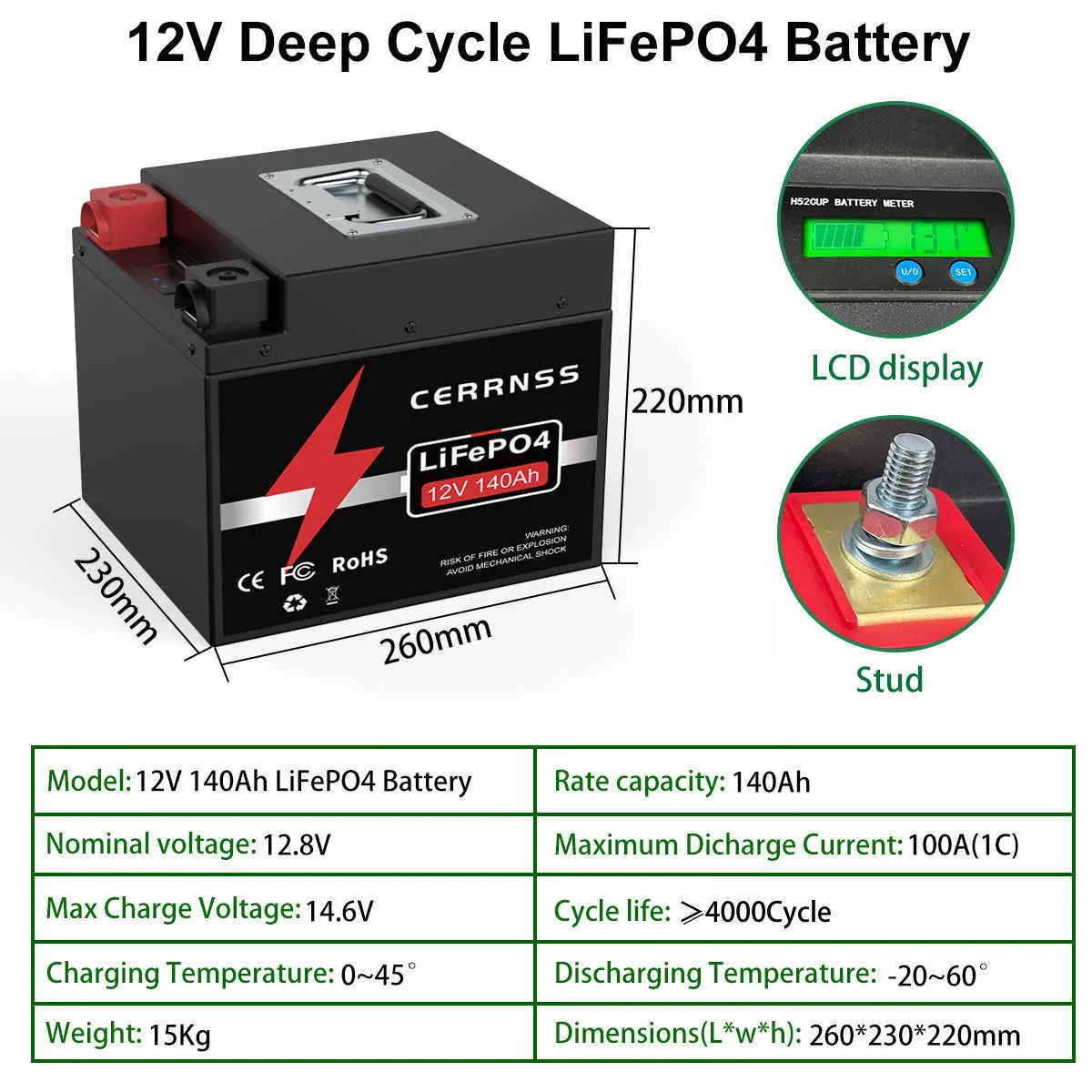 12V 360AH 140AH LIFEPO4 Batterie Pack 1792Wh BMS IPX56 Lithium Iron Phosphate pour le système d'énergie solaire RV