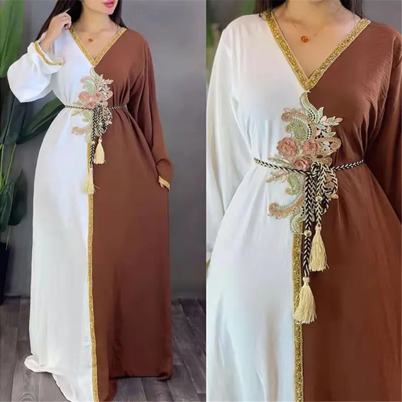 Etnik Giyim Topluluğu Femme Musulmane Eid Mübarek Abayas 3D Çiçekler Şifon Elbise İç 2 PCS Set Djellaba Kadınlar Dubai Türk Robesethni