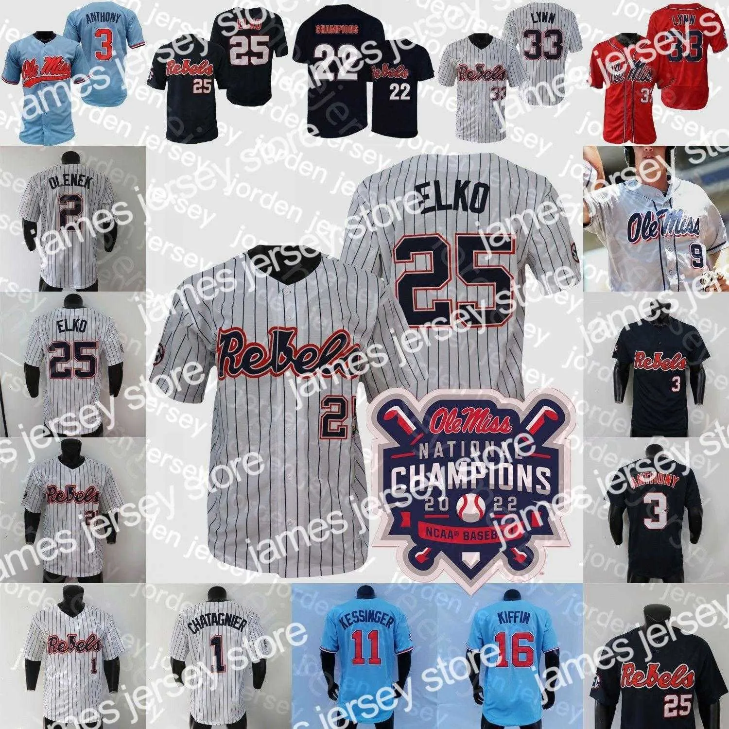 College Baseball porte de NOUVEAUX maillots de baseball Champions de la Série mondiale 2022 WS Ole Miss Jersey NCAA Baseball College Tim Elko Lance Lynn Knox Loposer TJ McCants Harris