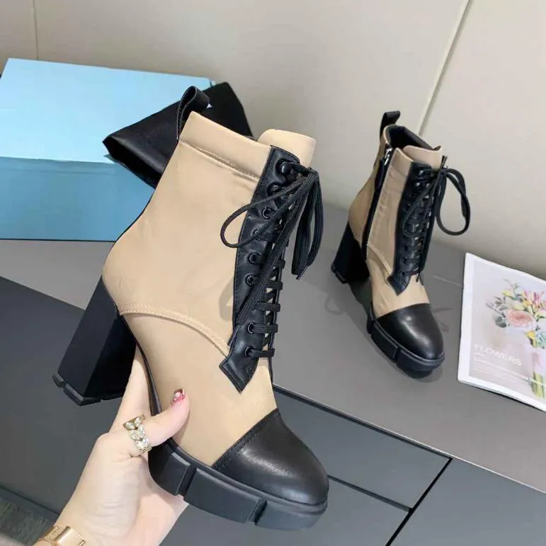 أحذية نسائية مصممة من الجلد المصقول من النيلون مصنوعة من القماش المترابط حقيبة صغيرة ذات نعل قتالي للسيدات أحذية رياضية بكعب عالٍ للكاحل للنساء مقاس 35-41