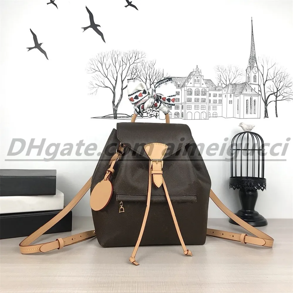 Echtes Leder MONTSOURIS Rucksack Frau klassische braune Blume Mode Leder Reisetasche Designer Schnalle Krawatte Seil Rucksack Stil Großhandel