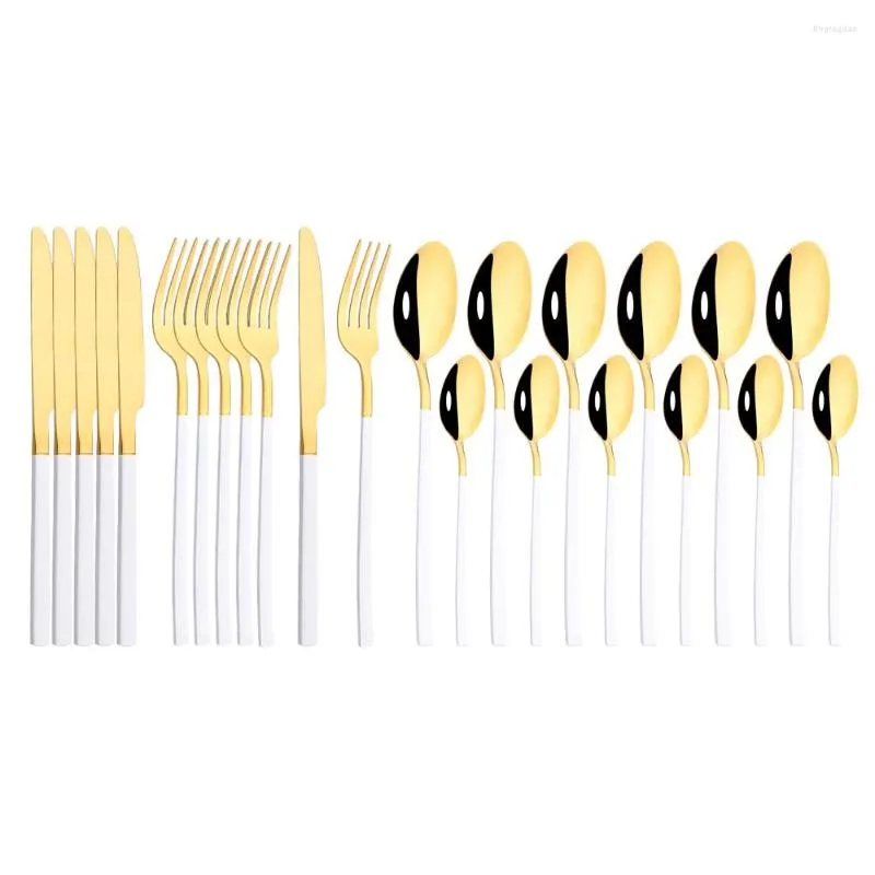 أدوات المائدة أبيض الذهب الأبيض لامعة 24pcs مجموعة سكين شوكة شوكة ملعقة ملعقة الفولاذ المقاوم للصدأ أدوات المائدة الغربية مطبخ غربي