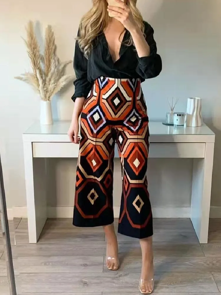 Women's Two Piece Pants PUWD Women Print Long Straight 2023 Spring Fashion Ladies Boho Streetwear Wide-legged Female High Waist Shorts