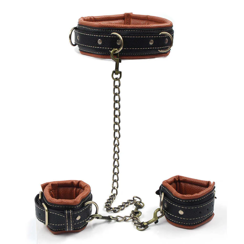 Beauty Items Retro PU Leather Dog Slave Handcuffs Collar To Wrist Chain Restraints Women Adult Bdsm Bondage Fetish Flirting Erotic sexy Toys