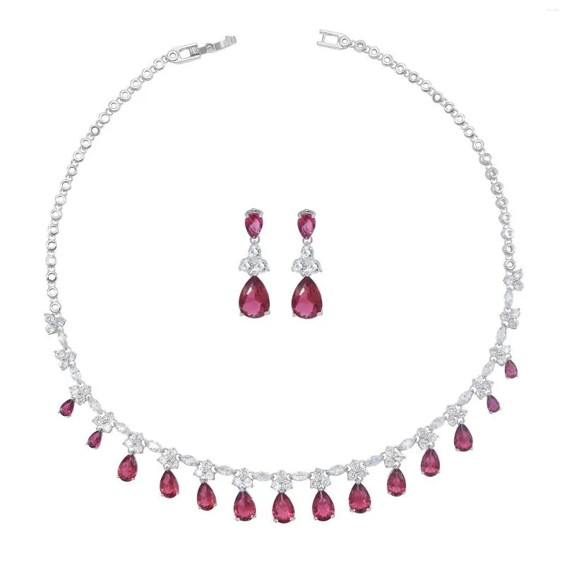 Necklace Earrings Set Luxury Women's Red Cubic Zircon Pendant Earring Fashion Bride Wedding Silver Color Party Jewelry