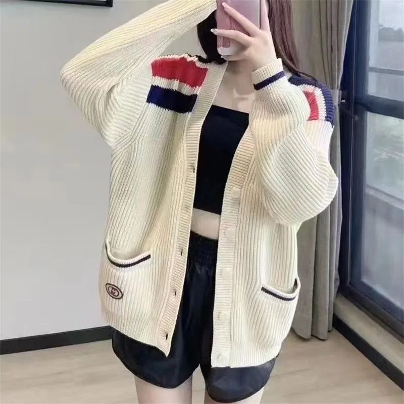 2023 Designer Luxury Sweater Women's V-neck Stripe Fashion Long Sleeve High end Jacquard Cardigan Knitted Oversize Sweater CoatBK MM