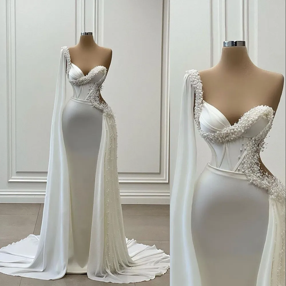 2023 Vestidos de noiva sexy de sereia cetim chiffon um ombro pérolas de miçangas presas vestidos de noiva PLUS TAMANHO DE VESTIDO DEIVA