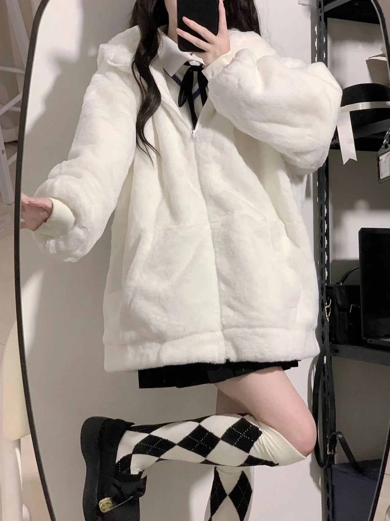 Parkas en duvet pour hommes blanc japonais Kawaii manteau moelleux Y2k femmes esthétique fée Grunge veste vêtements d'extérieur chauds Ber oreille vestes à capuche haut mignon 230107