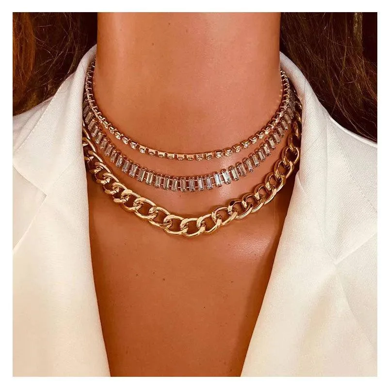 Zincirler Punk Metal Curb Küba Altın Kolyeler Erkekler İçin Küp Küp Rhinestone Bağlantı Zinciri Chokers Elmaslar Çok Katmanlı Kolye Set Mücevherat