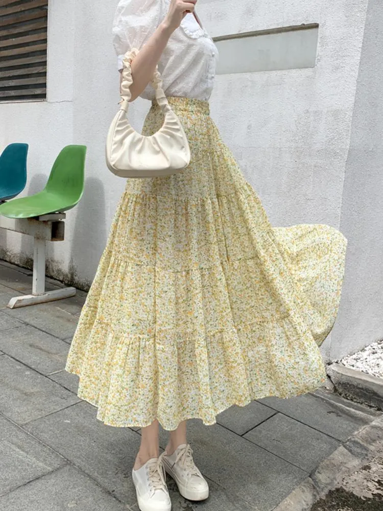 Skirts Summer Fresh Chiffon Floral Long Skirt Fairy Patchwork Sweet A-line Calf Pink Yellow Flowers