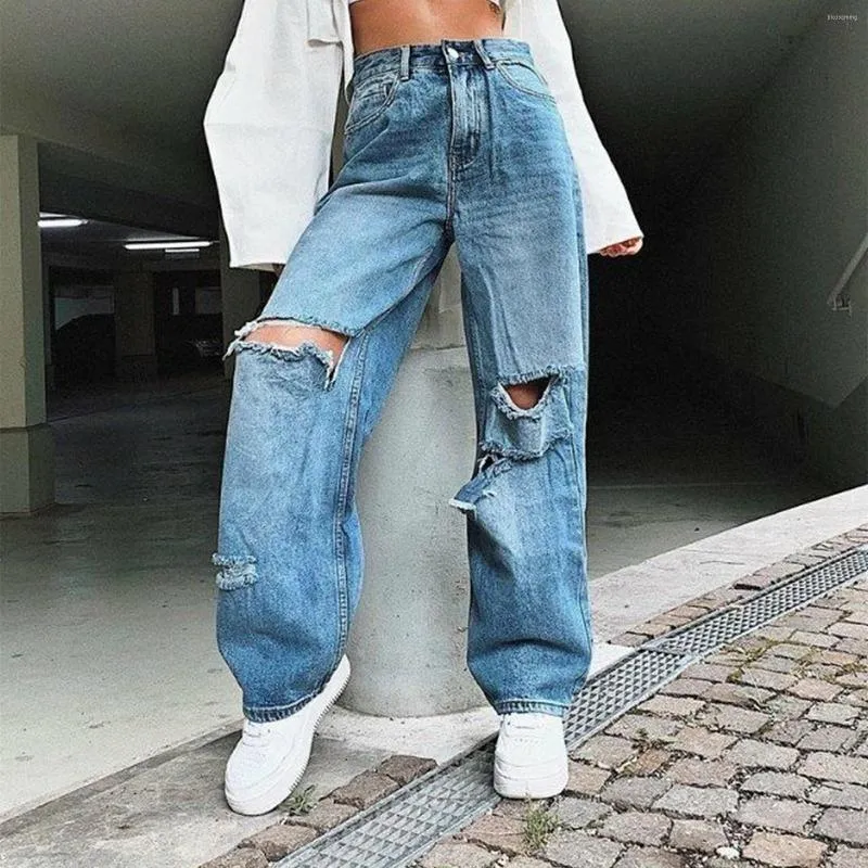 Kvinnors jeans kayotuas kvinnor denim hög midjehål rippade löst breda benbyxor klassiska grundläggande koreanska mode streetwear