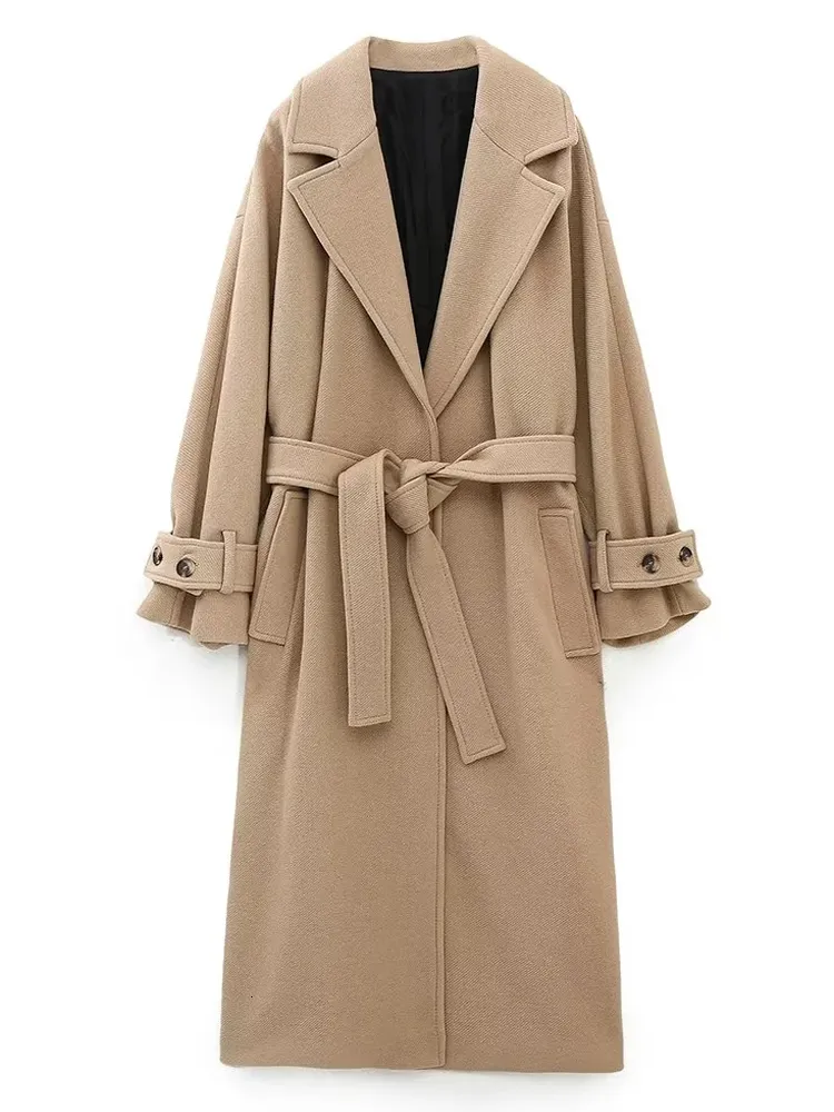 【関税&送料込】Bally Camel Wool Blend Coat Elegant Wool Cashmere Belted Coat TRAF Winter Coat With Belt