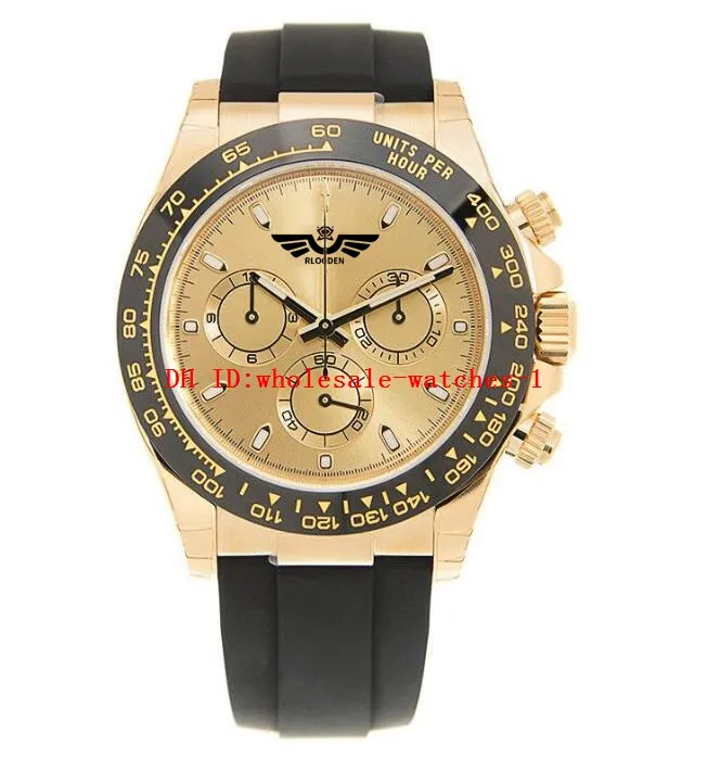 9 Style Classic 40mm heren Mechanisch Watch 116518 Champagne Dail Rubber Strap Multifunctioneel 2813 Automatisch mechanisch MEMENTIE roestvrij staal geen chronograaf