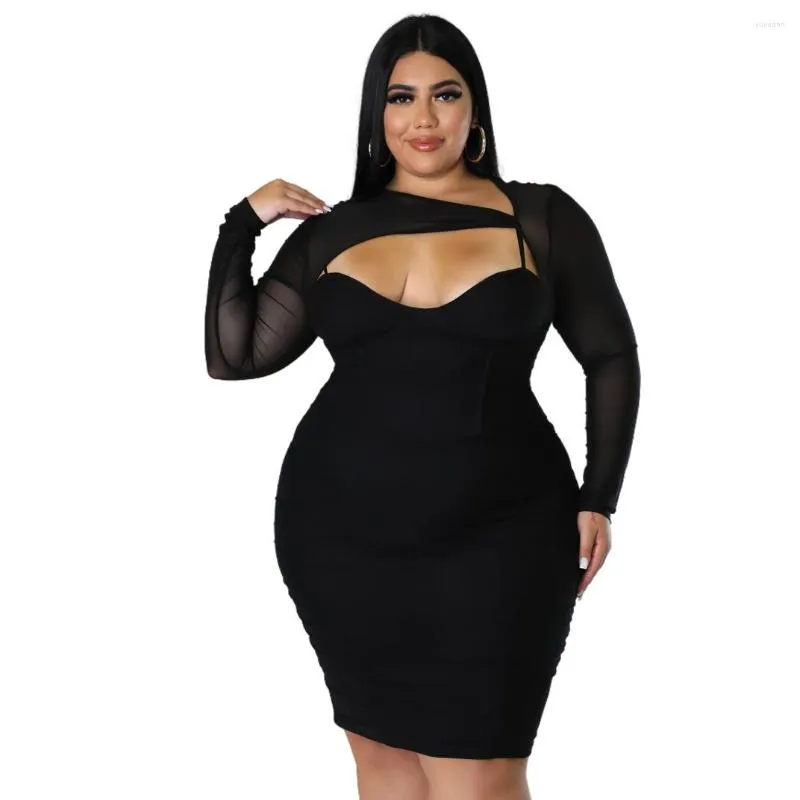 Plus Size Dresses Women's Fashion Hollow Irregular Splicing Mesh Gauze Long Sleeve Dress Elegant Casual Lady Solid Color