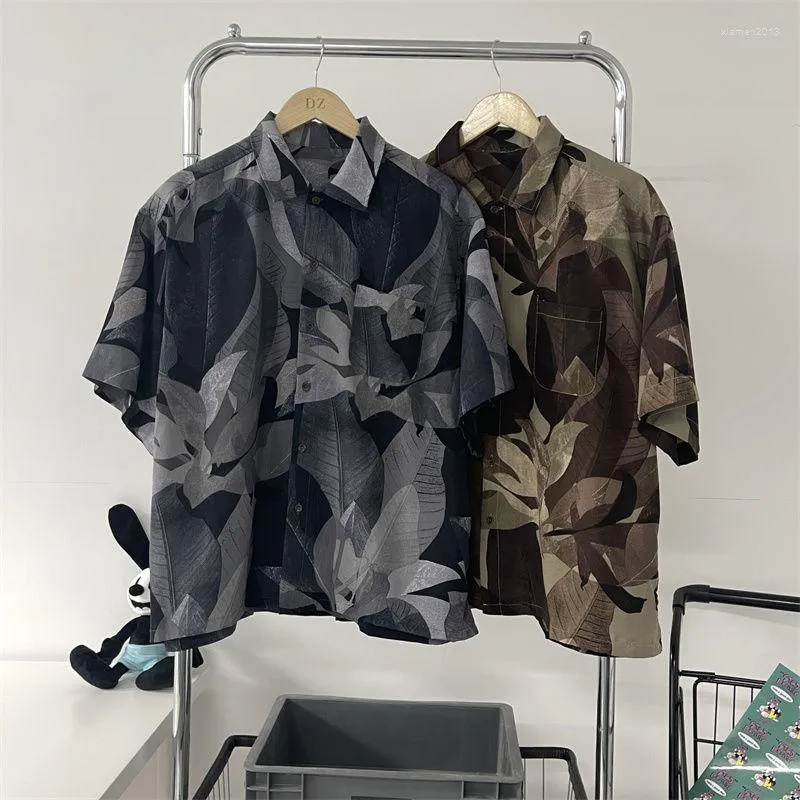 Men's Casual Shirts Summer Grey/Brown Print Shirt Men Fashion Retro Pocket Korean Loose Short Sleeve Mens Hawaiian