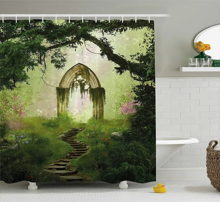 Zasłony prysznicowe zabytkowa kurtyna stara stare brama fantasy w lesie starożytna średniowieczna gotycka zieleń cyfrowa sztuka łazienka wodoodporna