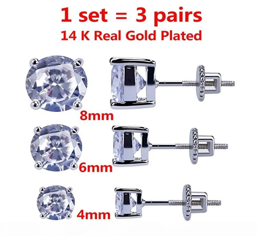 3 Pairs Set 48 mm 14K Gold Plated CZ Square Iced Out Stud Earrings With Safety Screw Back For men and Women9418320