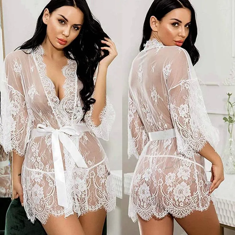 Pijamas femininos Robes de dama de honra de renda Roupão de banho sexo Lingerie transparente Porno Sexi Camisolas Camisolas Camisolas Roupa íntima