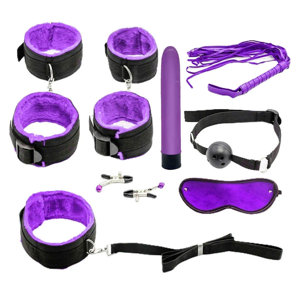 8pcs Couples Adult Toys Plush Handcuffs Strap Whip Rope Bandage Dildos Vibrators Set Sex Toys Kits