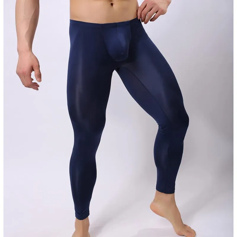 Men's Sleepwear Pajama Trousers Brand Male Ice Silk Sheer Ninth Sleep Bottoms Gay Mesh See Through Pouch Leggings/Lounge Pants