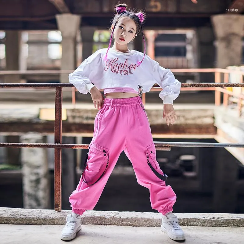 Stage Wear Modern Jazz Dance Clothes Ragazze bianche maniche lunghe Top larghi pantaloni rosa Hip Hop Kids Street Practice Show Costume BL7338