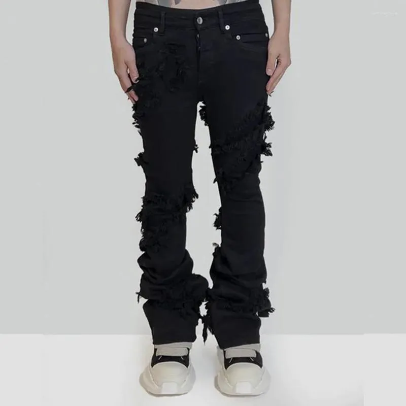 Jeans alla moda svasati da uomo strappati streetwear in denim nero pantaloni lunghi nastri tendenza uomo 42