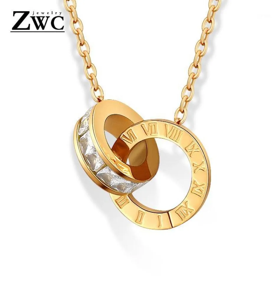 ZWC New Fashion Luxury Gold Color Roman Numeral Necklace Pendants for Women Wedding Party Stainless Steel Necklace Jewelry Gift17538959